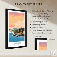 San Juan Puerto Rico travel poster art print in black frame, coastal cityscape with sunset sky, ready to hang wall decor