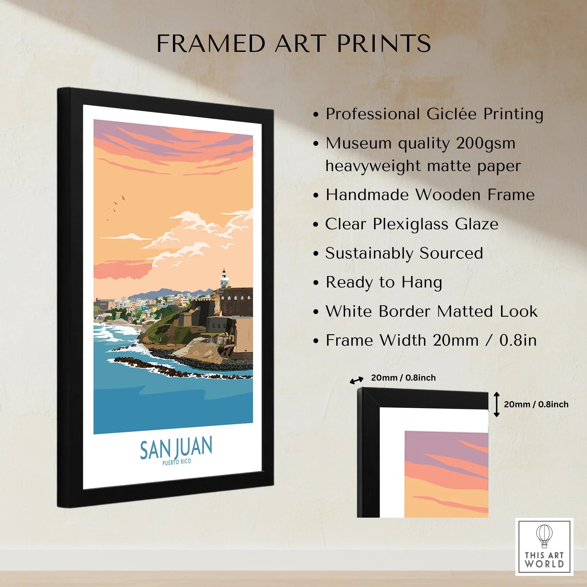 San Juan Puerto Rico travel poster art print in black frame, coastal cityscape with sunset sky, ready to hang wall decor
