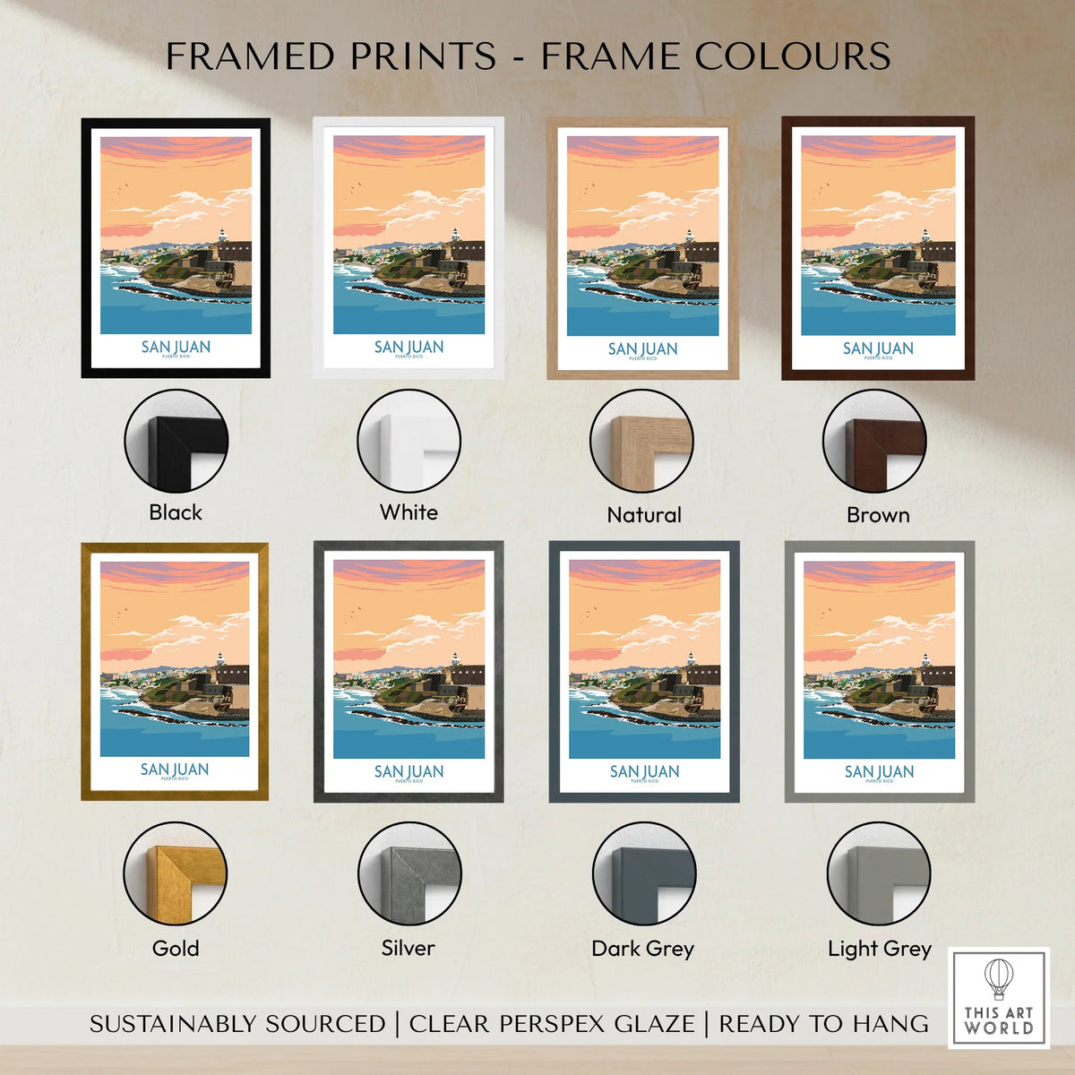 San Juan Puerto Rico travel poster in 8 frame colors: black, white, natural, brown, gold, silver, dark grey, light grey