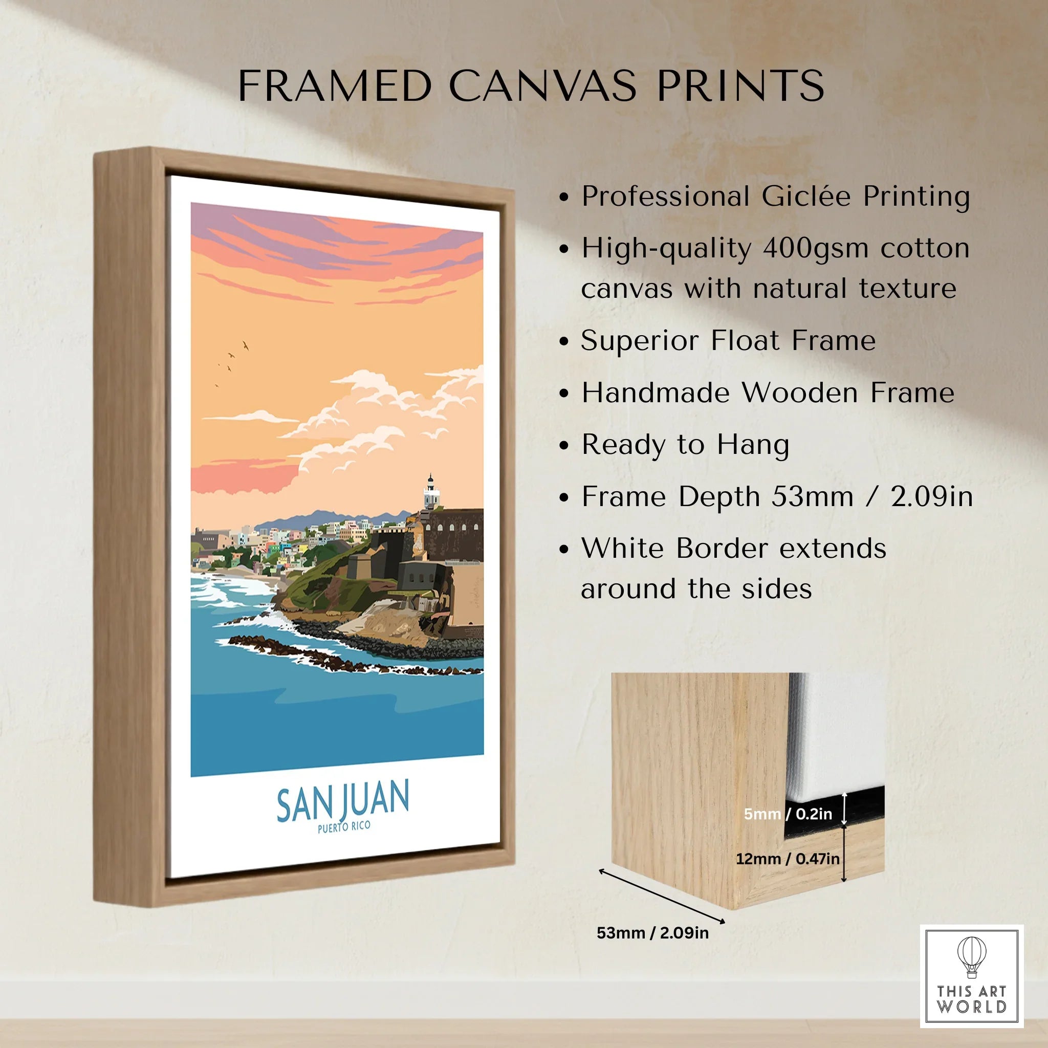 San Juan Puerto Rico travel poster art print in wooden float frame, coastal cityscape with sunset sky