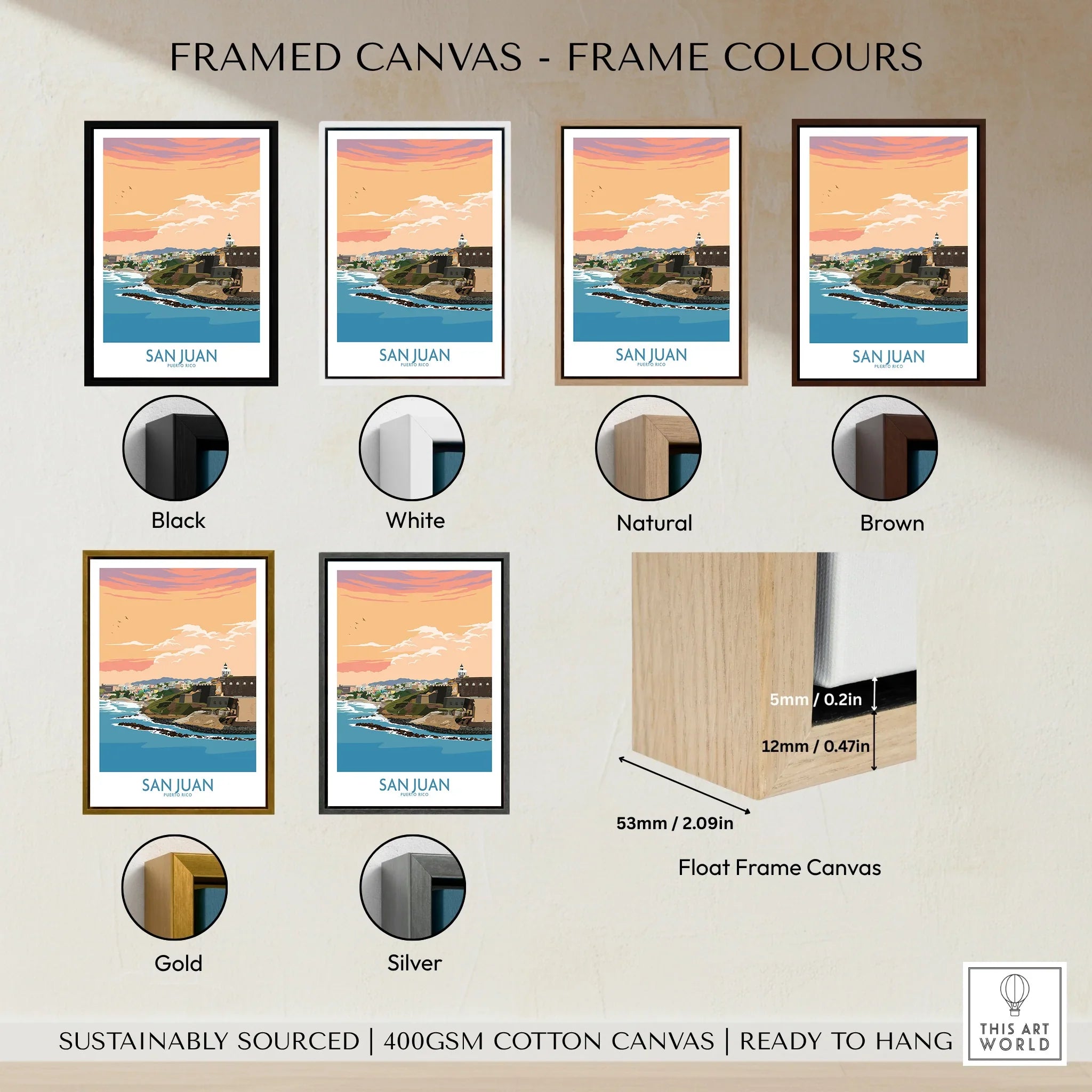 San Juan Puerto Rico travel poster in framed canvas with black, white, natural, brown, gold, silver frame options