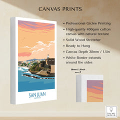 San Juan Puerto Rico travel poster canvas print with coastal skyline, sunset, and white border, ready to hang