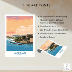 San Juan Puerto Rico travel poster print with coastal skyline, lighthouse, and sunset, ready to frame wall art