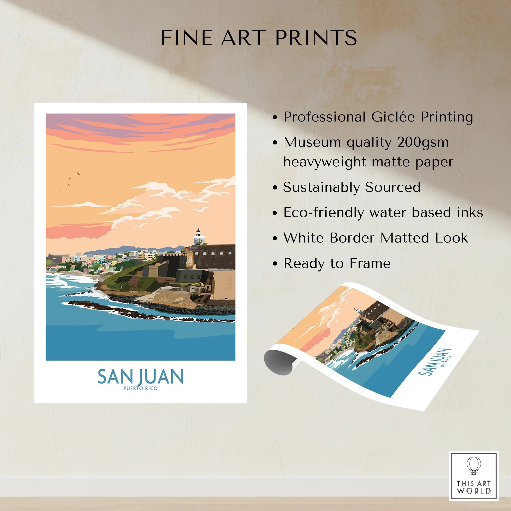 San Juan Puerto Rico travel poster print with coastal skyline, lighthouse, and sunset, ready to frame wall art
