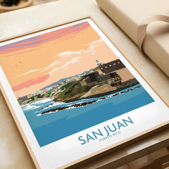 San Juan Puerto Rico travel poster with coastal cityscape, lighthouse, and sunset sky, framed wall art