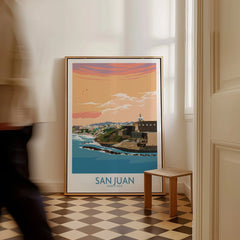 San Juan Puerto Rico travel poster with coastal cityscape, lighthouse, and sunset, framed wall art for home decor