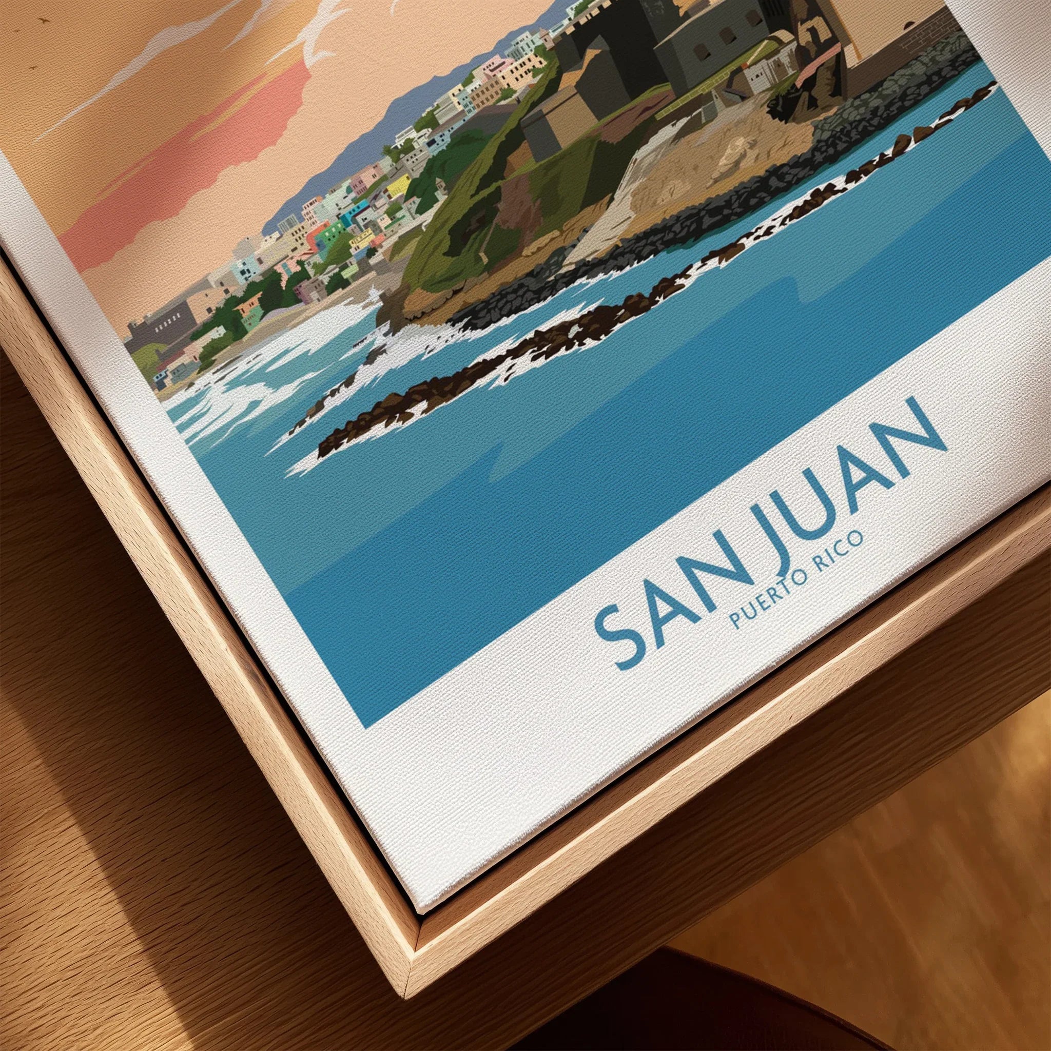 San Juan Puerto Rico travel poster wall art with coastal cityscape and ocean waves