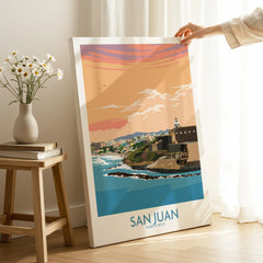San Juan Puerto Rico travel poster wall art with coastal cityscape and sunset, ideal for home decor