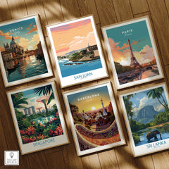 Travel posters of Venice, Paris, San Juan, Singapore, Barcelona, and Sri Lanka for home decor