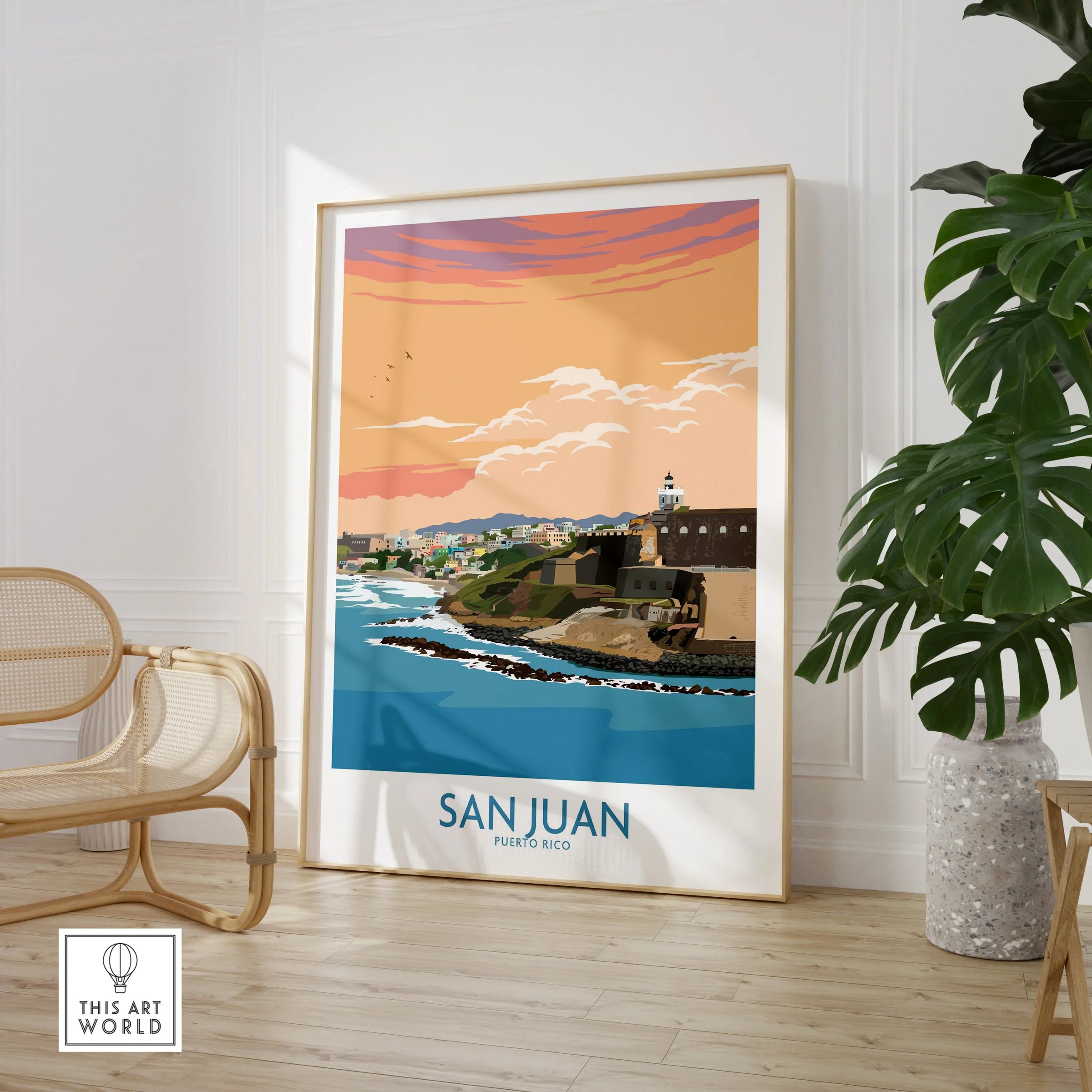 San Juan Puerto Rico travel poster with coastal cityscape, sunset sky, and lighthouse, framed wall art for home decor
