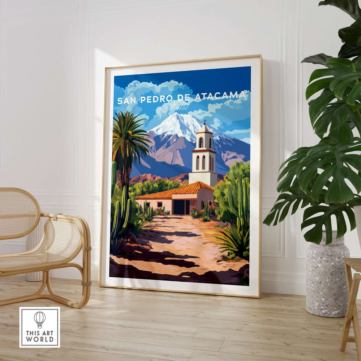 San Pedro de Atacama poster featuring scenic landscape and iconic church, perfect for home or office decor.