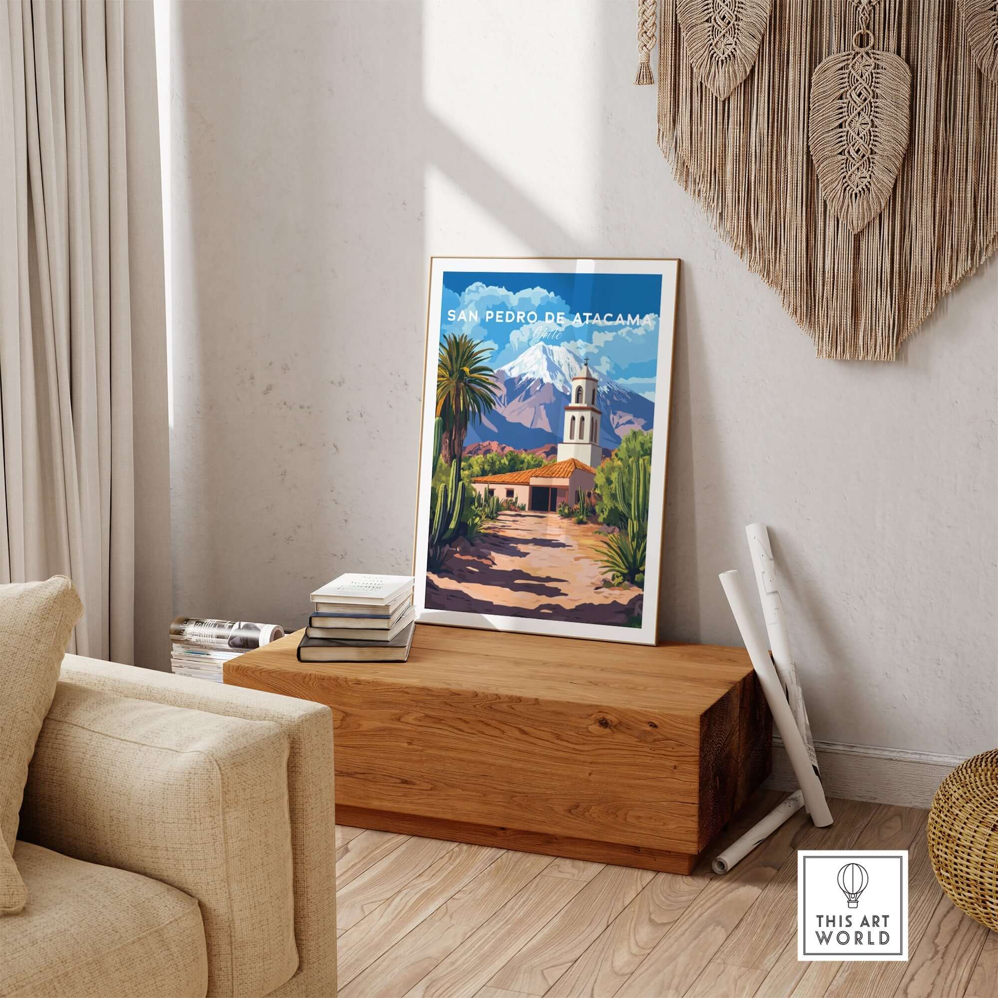 San Pedro de Atacama Chile Poster displayed in a stylish home setting with natural decor.
