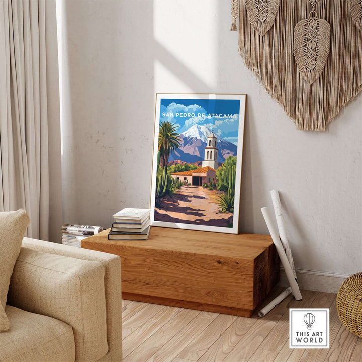 San Pedro de Atacama poster displayed in a cozy living room setting, featuring scenic mountains and rich greenery.