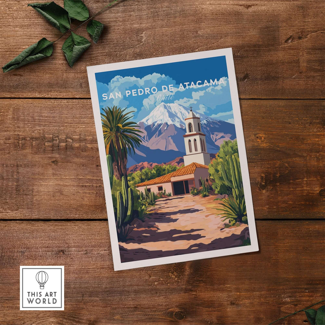 San Pedro de Atacama Chile poster featuring scenic landscapes and cultural elements in vibrant colors. Perfect for home decor.