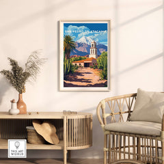 San Pedro de Atacama Chile Poster displayed in a stylish home interior with plants and a rattan chair.