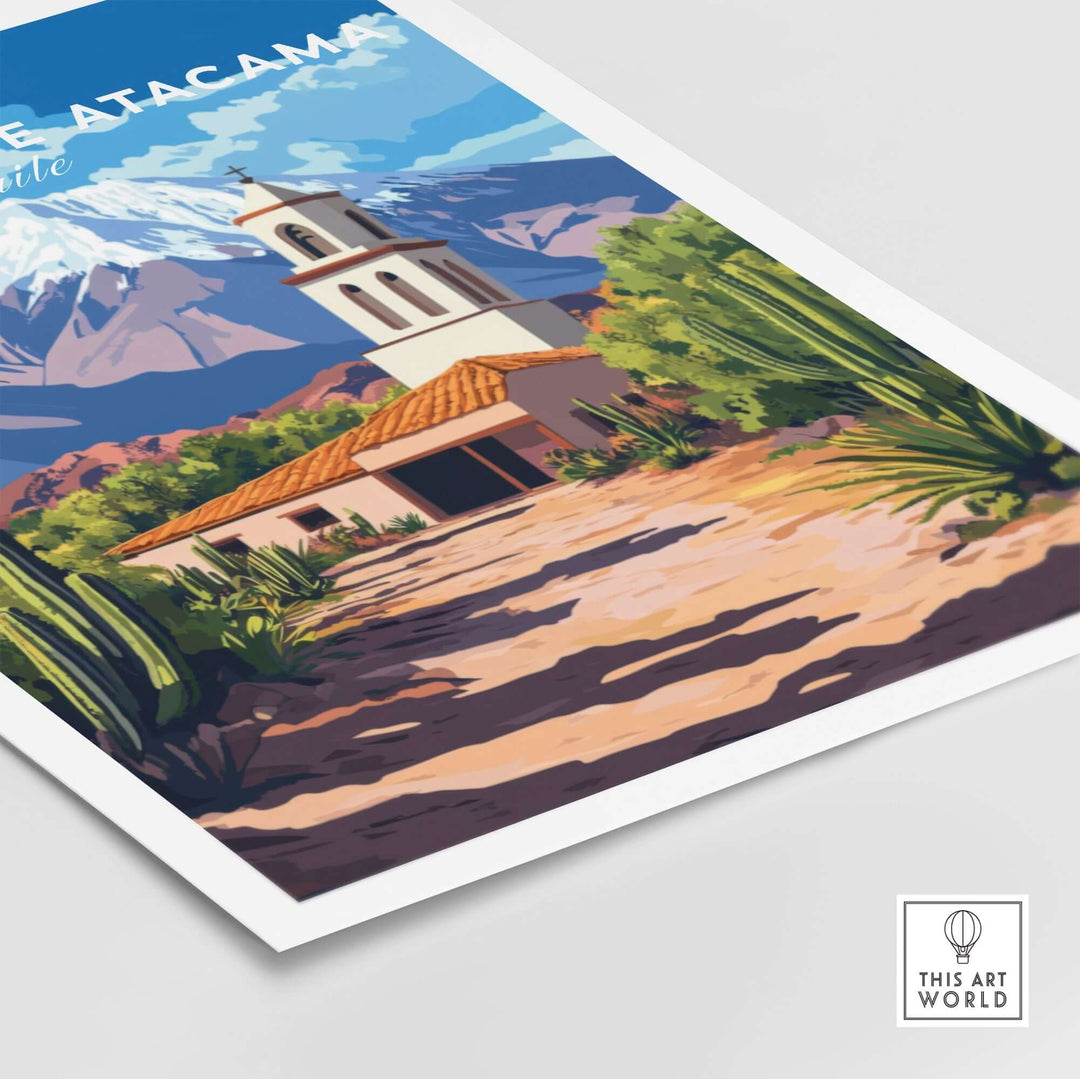 San Pedro de Atacama Chile poster featuring scenic landscapes and charming architecture, ideal for home or office decor.