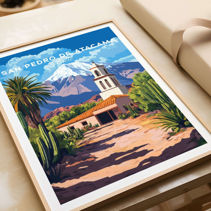 Colorful San Pedro de Atacama poster featuring mountains, a church, and desert scenery. Ideal for home or office decor.