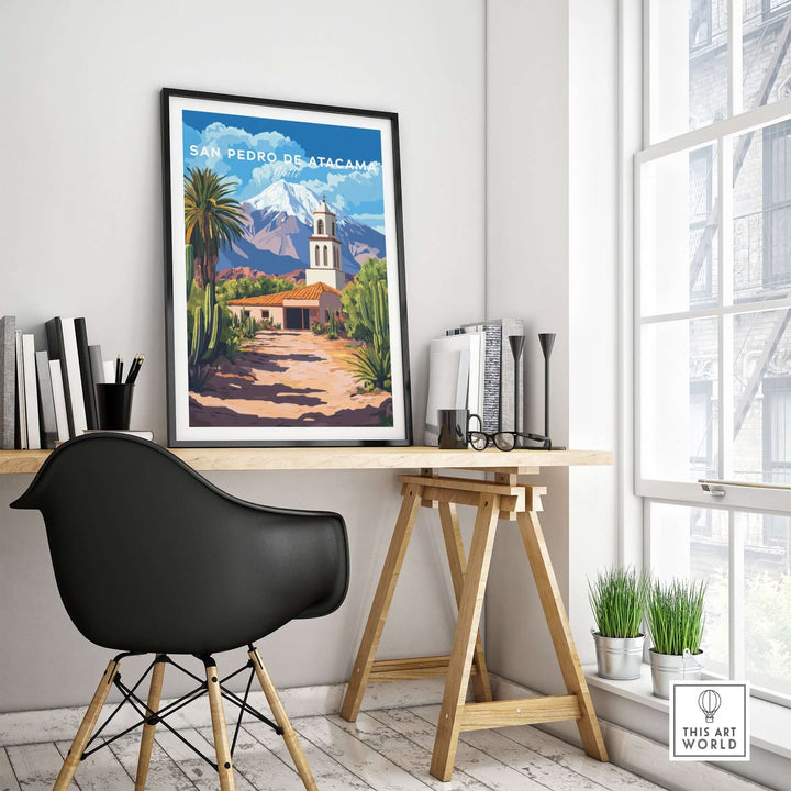 San Pedro de Atacama Chile poster displayed in a modern office setting, showcasing stunning landscapes and cultural elements.