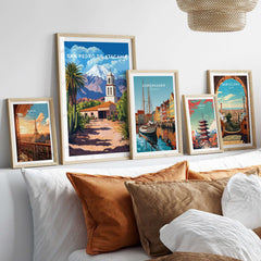 San Pedro de Atacama Chile Poster displayed among other travel posters in a modern living room setting.