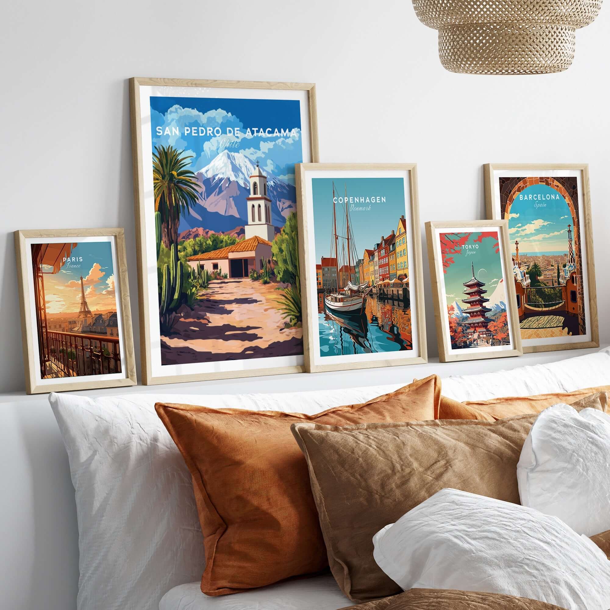San Pedro de Atacama Chile Poster displayed among other travel posters in a modern living room setting.