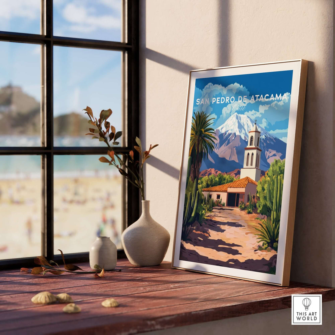 San Pedro de Atacama poster displayed indoors, showcasing scenic views and cultural beauty of Chile.