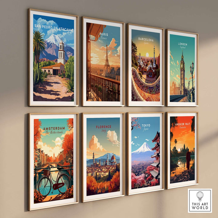 San Pedro de Atacama poster among framed travel art prints of iconic cities on a wall, showcasing vibrant landscapes and cultures.