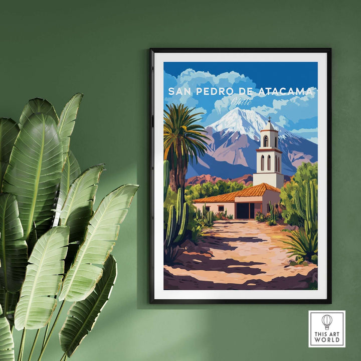 San Pedro de Atacama Chile poster featuring a scenic church and mountains, ideal for home or office decor.