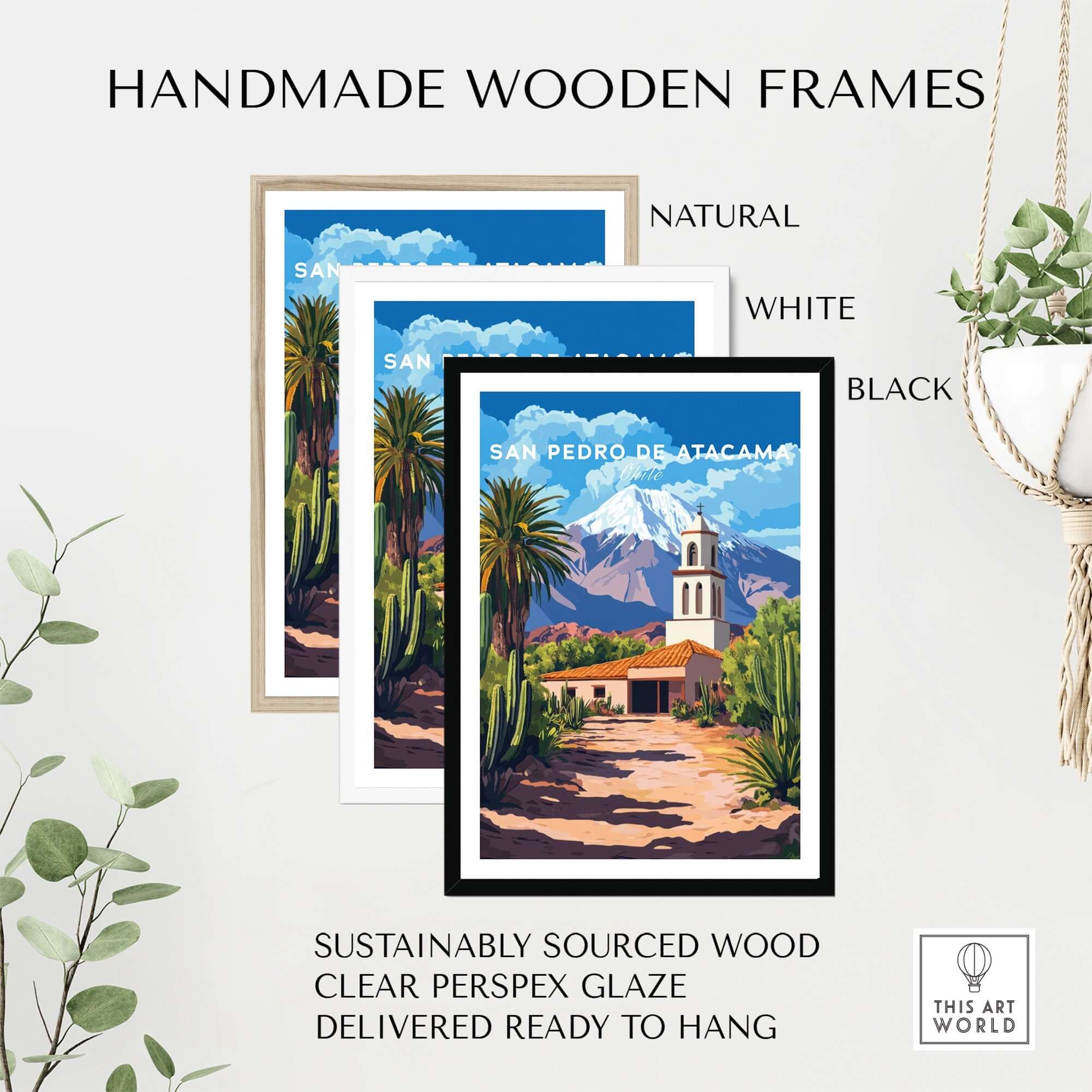San Pedro de Atacama Chile Poster framed in handmade wooden frames available in natural, white, and black.