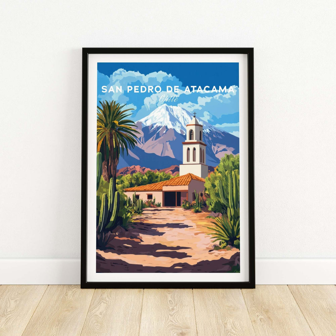 San Pedro de Atacama poster featuring scenic mountains and architecture, perfect for home or office decor.