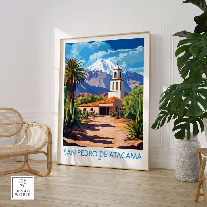 San Pedro de Atacama Chile wall art featuring mountains, palm trees, and a charming building. Ideal for home decor inspiration.