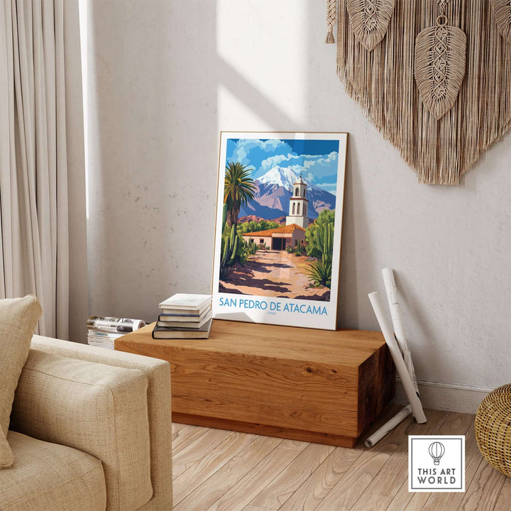 San Pedro de Atacama wall art showcasing vibrant landscapes and architecture in a cozy living room setting.