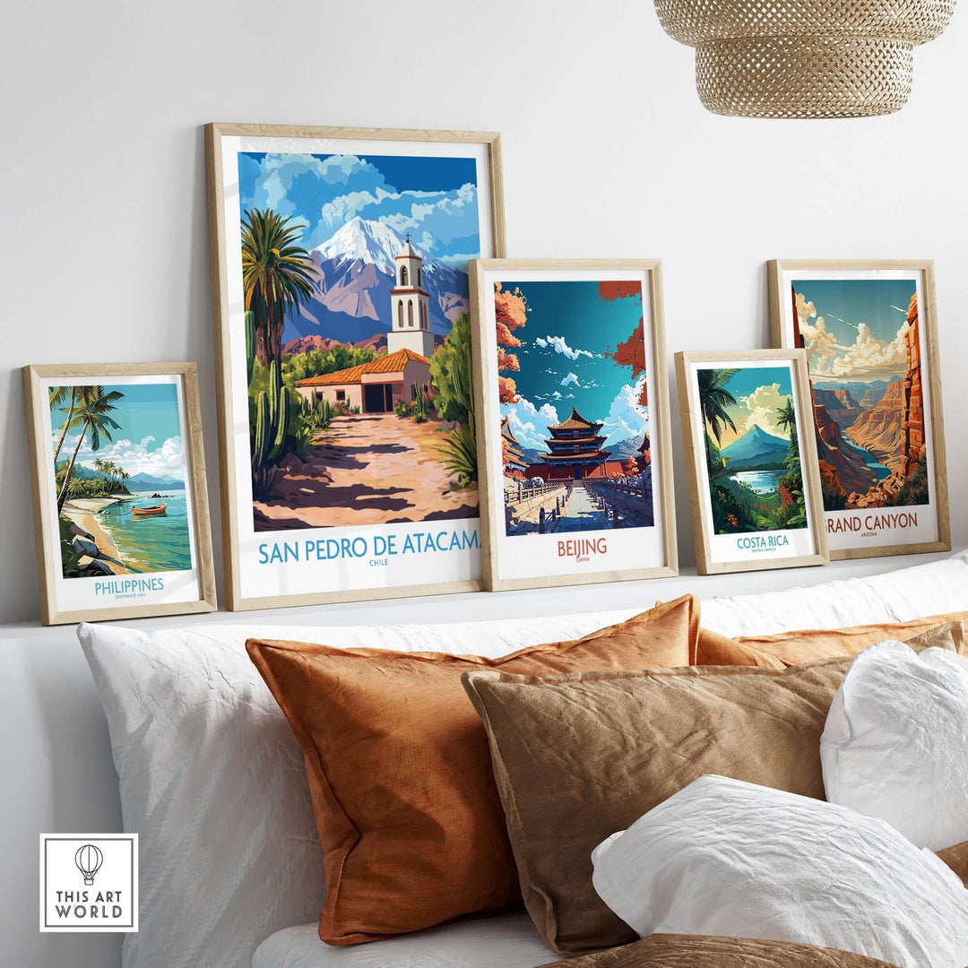 Stunning San Pedro de Atacama wall art displayed among framed travel prints, enhancing home decor with vibrant landscapes.