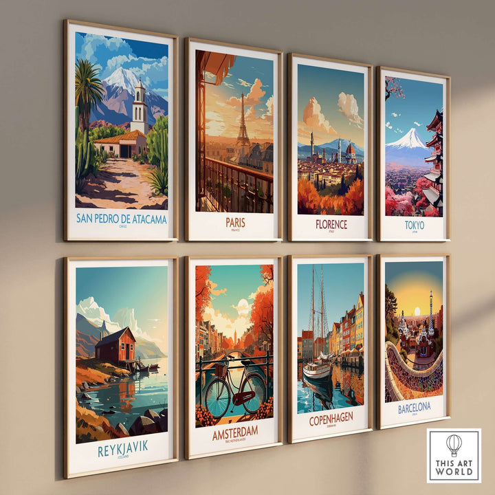 Stunning wall art collection featuring San Pedro de Atacama and iconic cities like Paris, Florence, and Tokyo.