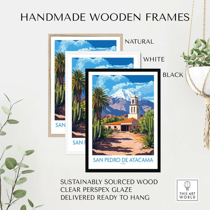 Handmade wooden frames in natural, white, and black for San Pedro de Atacama wall art, ready to hang and sustainably sourced.