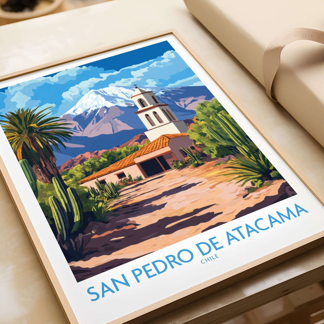 Colorful San Pedro de Atacama wall art featuring mountains, palm trees, and a charming building in Chile.