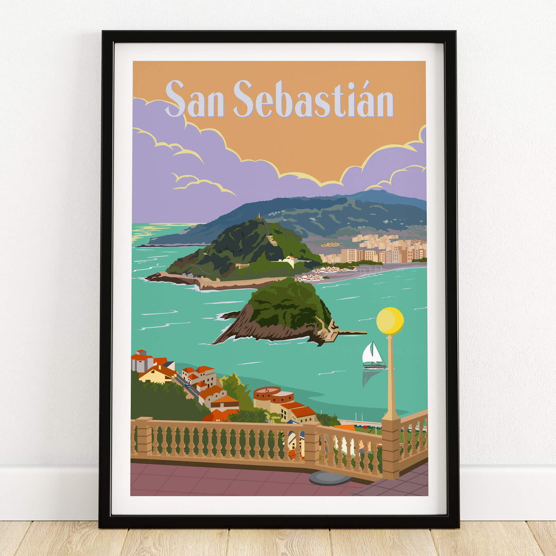 San Sebastian Spain Poster Print showcasing the bay view and coastal beauty of San Sebastian in a vintage style.