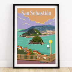 San Sebastian Spain Poster Print showcasing the bay view and coastal beauty of San Sebastian in a vintage style.