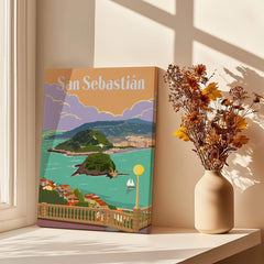 San Sebastian Spain Poster Print featuring a vintage-style illustration of the iconic bay and coastal view.