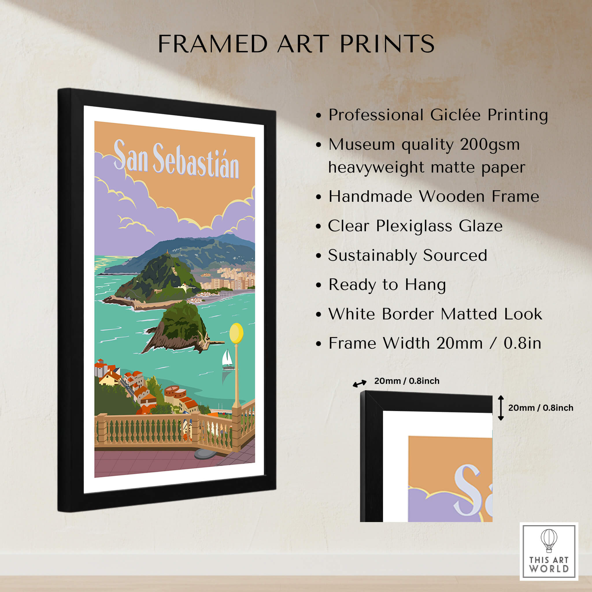 San Sebastian Spain Poster Print in a handmade wooden frame, featuring vibrant coastal scenery and a clear plexiglass glaze.