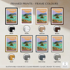 Framed prints with various colors featuring San Sebastian Spain Poster Print, including black, white, natural, brown, gold, silver, dark grey, and light grey.