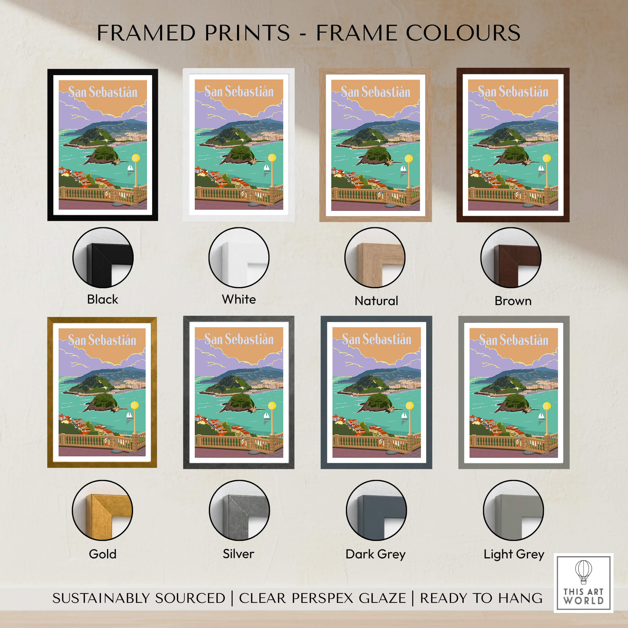 Framed prints with various colors featuring San Sebastian Spain Poster Print, including black, white, natural, brown, gold, silver, dark grey, and light grey.