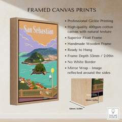San Sebastian Spain Poster Print showcasing vintage bay view with wooden frame and professional giclée printing.