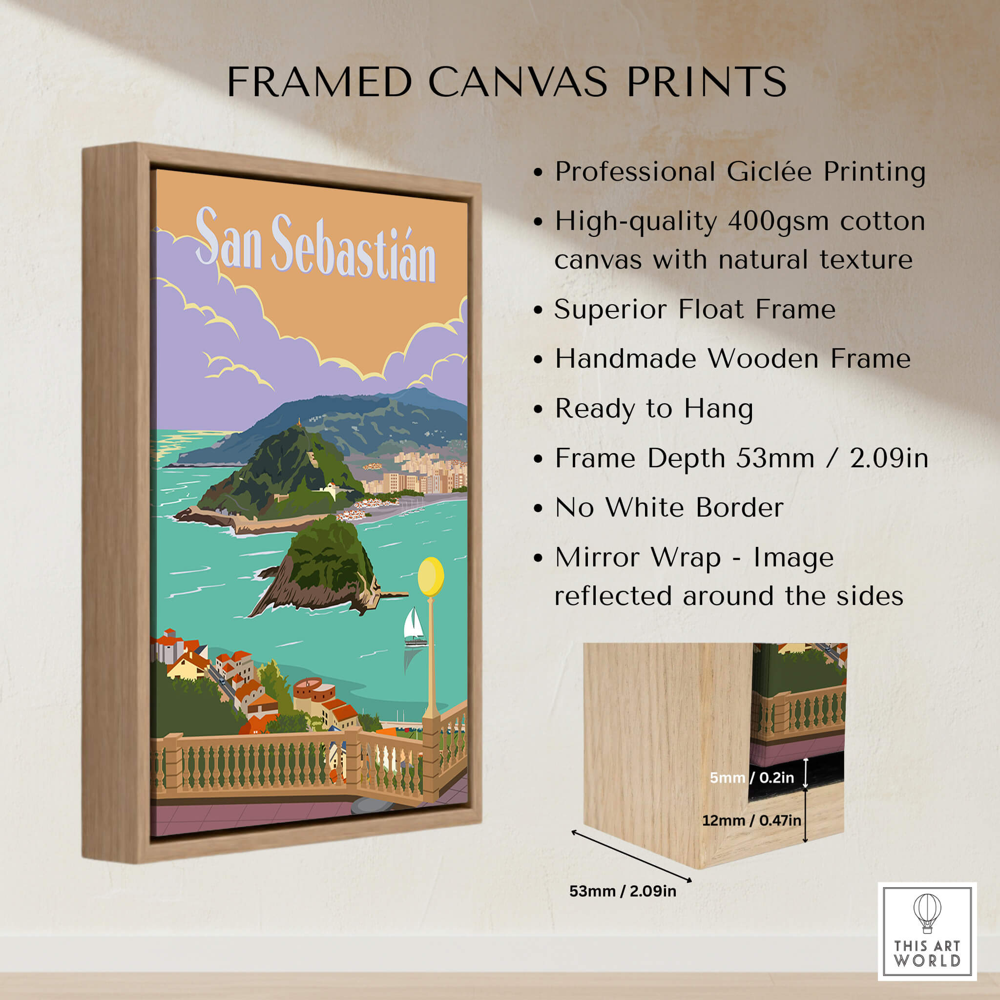 San Sebastian Spain Poster Print showcasing vintage bay view with wooden frame and professional giclée printing.