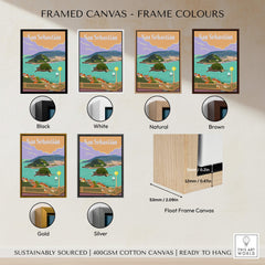 San Sebastian Spain Poster Print displayed in various framed canvas colors including black, white, natural, brown, gold, and silver.