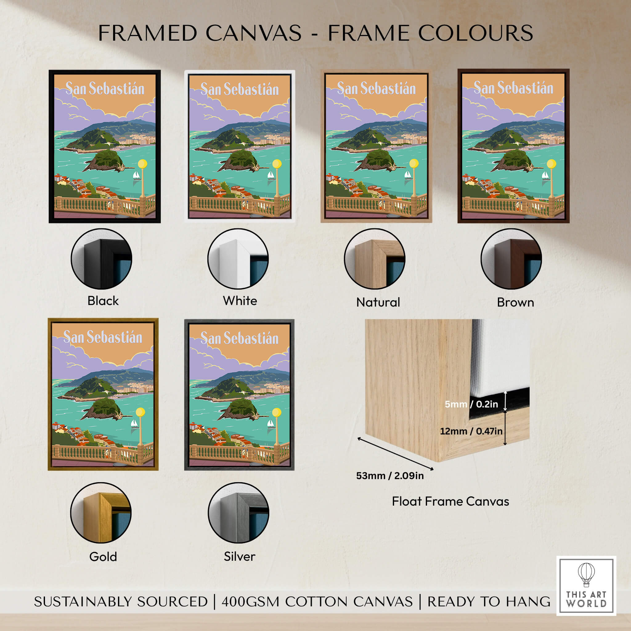 San Sebastian Spain Poster Print displayed in various framed canvas colors including black, white, natural, brown, gold, and silver.