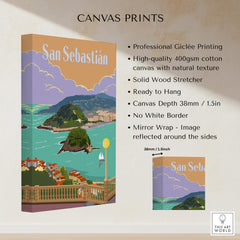San Sebastian Spain Poster Print showcasing vibrant coastal artwork, high-quality giclée printing on canvas.