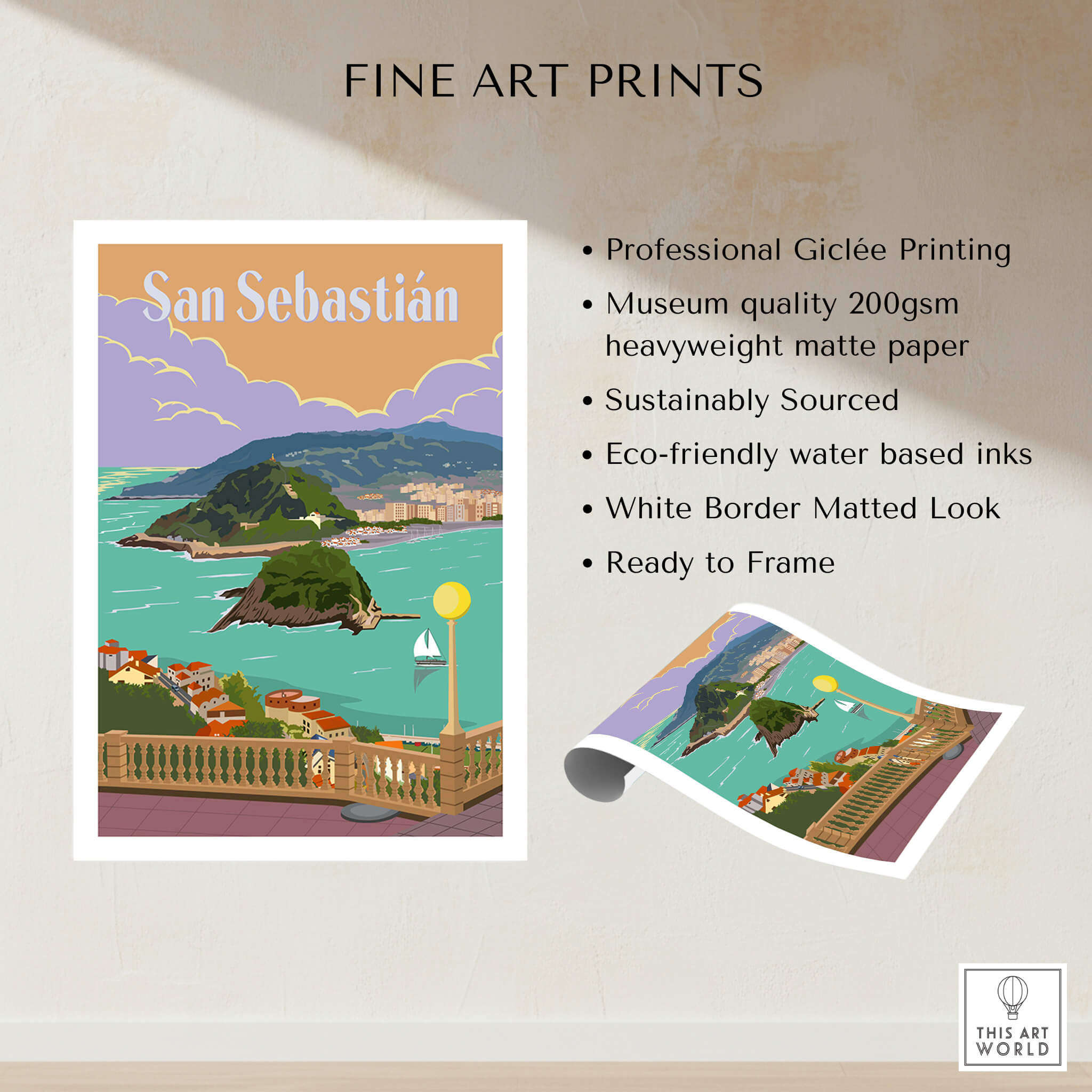 San Sebastian Spain Poster Print showcasing vintage style with iconic bay view, perfect for art lovers and travel enthusiasts.