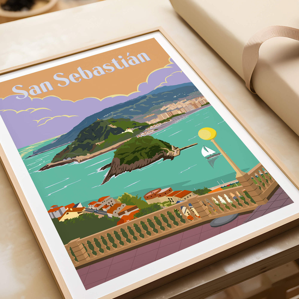San Sebastian Spain Poster Print showcasing the iconic bay view of San Sebastian in vintage style.