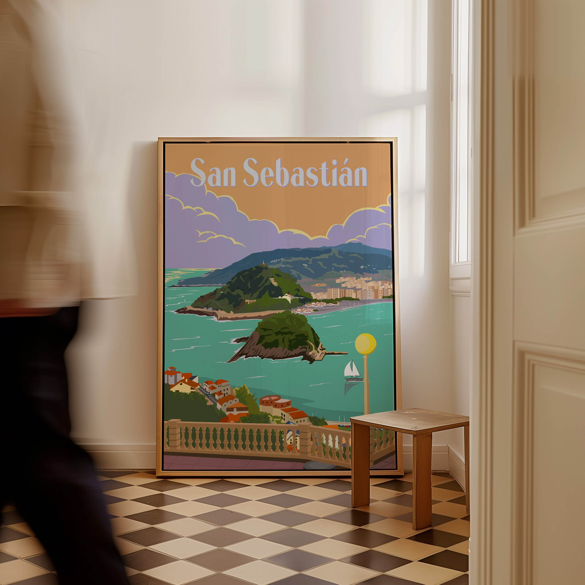 San Sebastian Spain Poster Print showcasing the iconic bay view in a vintage style, perfect for art lovers.