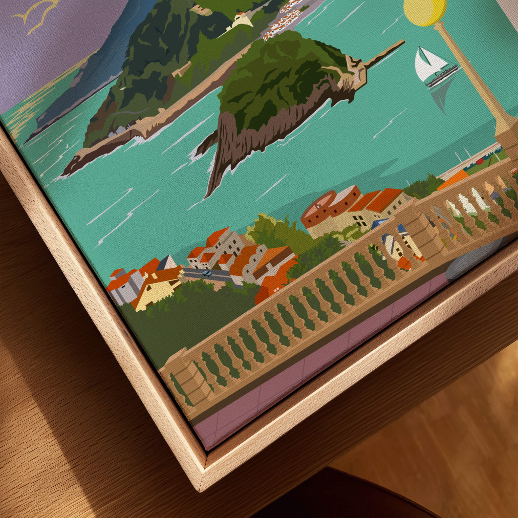 San Sebastian Spain Poster Print featuring a colorful bay view with coastal houses and a sailboat.